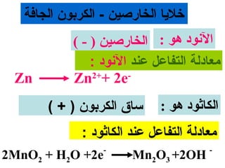 ‫خلايا الخارصين - الكربون الجافة‬
            ‫النود هو : الخارصين ) - (‬
                ‫معادلة التفاعل عند الونود :‬
 ‫‪Zn‬‬         ‫-‪Zn2++ 2e‬‬
       ‫ساق الكربون ) + (‬      ‫الكاثود هو :‬
              ‫معادلة التفاعل عند الكاثود :‬
                  ‫-‬                     ‫-‬
‫‪2MnO2 + H2O +2e‬‬         ‫‪Mn2O3 +2OH‬‬
 