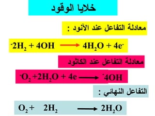 ‫خلايا الورقود‬
                    ‫معادلة التفاعل عند الونود :‬
‫-‬
    ‫‪2H2 + 4OH‬‬            ‫-‪4H2O + 4e‬‬
                    ‫معادلة التفاعل عند الكاثود‬
                                ‫-‬
     ‫-‬
         ‫‪O2 +2H2O + 4e‬‬           ‫‪4OH‬‬
                               ‫التفاعل النهائي :‬
     ‫+ 2‪O‬‬     ‫2‪2H‬‬               ‫‪2H2O‬‬
 