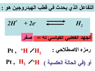 ‫التفاعل الذي ايحدث في قطب الهيدروجين هو :‬
       ‫+‬
  ‫‪2H‬‬           ‫‪+ 2e‬‬   ‫-‬
                                    ‫2‪H‬‬

           ‫الجهد القطبي القيامسي له = صفر‬

  ‫, ‪Pt‬‬     ‫‪H‬‬
           ‫+‬
                  ‫2‪H‬‬      ‫رمزه الصطلحي :‬
  ‫2‪Pt , H‬‬         ‫أو )في الحالة العكسية ( ‪H‬‬
                  ‫+‬
 