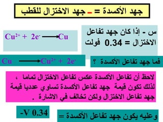 ‫جهد الكسدة = ــ جهد الختزال للقطب‬

‫‪Cu + 2e‬‬
     ‫+2‬       ‫-‬
                      ‫‪Cu‬‬
                               ‫س - إذا كان جهد تفاعل‬
                               ‫الختزال = 43.0 فولت‬
‫‪Cu‬‬                ‫-‪Cu2+ + 2e‬‬     ‫فما جهد تفاعل الكسدة ؟‬
   ‫لحظ أن تفاعل الكسدة عكس تفاعل الختزال تماما ،‬
 ‫لذلك تكون قيمة جهد تفاعل الكسدة تساوي عدديا قيمة‬
          ‫جهد تفاعل الختزال ولكن تخالف في الاشارة .‬
      ‫43.0 ‪-V‬‬          ‫وعليه يكون جهد تفاعل الكسدة =‬
 