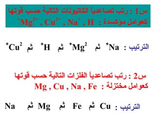 ‫س1 : رتب تصاعديا الكاتيونات التالية حسب قوتها‬
                             ‫ ً‬
   ‫+‬   ‫+2‬      ‫+2‬      ‫+‬
    ‫كعوامل مؤكسدة : ‪Mg , Cu , Na , H‬‬

‫+‬     ‫2‬      ‫+‬          ‫+‬        ‫2‬        ‫+‬
    ‫ثم ‪Cu‬‬        ‫ثم ‪H‬‬       ‫‪Mg‬‬       ‫ثم‬   ‫الترتيب : ‪Na‬‬


     ‫س2 : رتب تصاعديا الفلزات التالية حسب قوتها‬
                               ‫ ً‬
            ‫كعوامل مختزلة : ‪Mg , Cu , Na , Fe‬‬

‫‪Na‬‬        ‫‪ Mg‬ثم‬     ‫الترتيب : ‪ Cu‬ثم ‪ Fe‬ثم‬
 