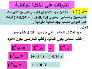 ‫تطبيقا ت على الخليا الجلفانية‬
‫مثال ) 1 ( إذا كان جهد الختزال القياسي لكل من كاتيونا ت‬
‫الخارصين والنحاس يساوي )67.0-( , ) + 43.0+ ( فولت‬
                  ‫على التوالي احسب جهد الخلية الفولتية .‬
                                                 ‫الحل : -‬
    ‫∵ جهد اختزال النحاس أعلى من جهد اختزال الخارصين‬
‫∴ قطب النحاس يكون الكاثود وقطب الخارصين يكون النود‬
           ‫0‬          ‫0‬                   ‫0‬
   ‫= خلية ‪E‬‬         ‫كاثود ‪E‬‬   ‫-‬      ‫آنود ‪E‬‬
       ‫0‬
  ‫= خلية ‪E‬‬         ‫) 67.0- ( - ) 43.0+(‬
   ‫0‬
 ‫= خلية ‪E‬‬          ‫‪+ 1.10 V‬‬
 