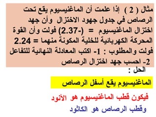 ‫مثال ) 2 ( إذا علمت أن الماغنيسيوم يقع تحت‬
       ‫الرصاص في جدول جهود الختزال وأن جهد‬
 ‫اختزال الماغنيسيوم = )-73.2( فولت وأن القوة‬
 ‫المحركة الكهربائية للخلية المكونة منهما = 42.2‬
‫فولت والمطلوب : 1- اكتب المعادلة النهائية للتفاعل‬
                   ‫2- احسب جهد اختزال الرصاص‬
                                         ‫الحل :‬
                    ‫الماغنيسيوم يقع أسفل الرصاص‬
              ‫فيكون قطب الماغنيسيوم هو النود‬
                    ‫وقطب الرصاص هو الكاثود‬
 