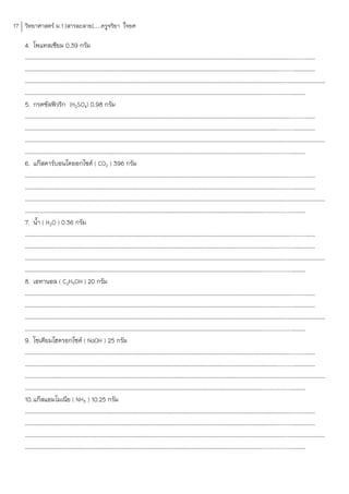 17 วิทยาศาสตร์ ม.1 [สารละลาย].....ครูจริยา ใจยศ

    4. โพแทสเซียม 0.39 กรัม
    ………………………………………………………………………………………………………………………………………………………………………………...........……
    ………………………………………………………………………………………………………………………………………………………………………...........……………
    ……………………………………………………………………………………………………………………………………………………………………………..………………………
    ……………………………………………………………………………………………………………………………………………………………....................………
    5. กรดซัลฟิวริก (H2SO4) 0.98 กรัม
    ………………………………………………………………………………………………………………………………………………………………………………...........……
    ………………………………………………………………………………………………………………………………………………………………………...........……………
    ……………………………………………………………………………………………………………………………………………………………………………..………………………
    ……………………………………………………………………………………………………………………………………………………………....................………
    6. แก๊สคาร์บอนไดออกไซด์ ( CO2 ) 396 กรัม
    ………………………………………………………………………………………………………………………………………………………………………………...........……
    ………………………………………………………………………………………………………………………………………………………………………...........……………
    ……………………………………………………………………………………………………………………………………………………………………………..………………………
    ……………………………………………………………………………………………………………………………………………………………....................………
    7. น้้า ( H2O ) 0.36 กรัม
    ………………………………………………………………………………………………………………………………………………………………………………...........……
    ………………………………………………………………………………………………………………………………………………………………………...........……………
    ……………………………………………………………………………………………………………………………………………………………………………..………………………
    ……………………………………………………………………………………………………………………………………………………………....................………
    8. เอทานอล ( C2H5OH ) 20 กรัม
    ………………………………………………………………………………………………………………………………………………………………………………...........……
    ………………………………………………………………………………………………………………………………………………………………………...........……………
    ……………………………………………………………………………………………………………………………………………………………………………..………………………
    ……………………………………………………………………………………………………………………………………………………………....................………
    9. โซเดียมไฮดรอกไซด์ ( NaOH ) 25 กรัม
    ………………………………………………………………………………………………………………………………………………………………………………...........……
    ………………………………………………………………………………………………………………………………………………………………………...........……………
    ……………………………………………………………………………………………………………………………………………………………………………..………………………
    ……………………………………………………………………………………………………………………………………………………………....................………
    10. แก๊สแอมโมเนีย ( NH3 ) 10.25 กรัม
    ………………………………………………………………………………………………………………………………………………………………………………...........……
    ………………………………………………………………………………………………………………………………………………………………………...........……………
    ……………………………………………………………………………………………………………………………………………………………………………..………………………
    ……………………………………………………………………………………………………………………………………………………………....................………
 