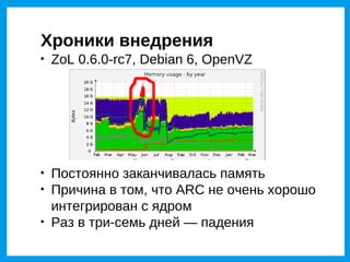 Хроники внедрения

    ZoL 0.6.0-rc7, Debian 6, OpenVZ





    Постоянно заканчивалась память

    Причина в том, что ARC не очень хорошо
    интегрирован с ядром

    Раз в три-семь дней — падения
 