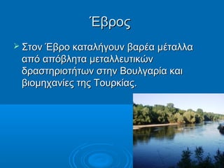 Έβρος
 Στον Έβρο καταλήγουν βαρέα μέταλλα
 από απόβλητα μεταλλευτικών
 δραστηριοτήτων στην Βουλγαρία και
 βιομηχανίες της Τουρκίας.
 
