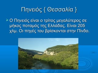 Πηνειός { Θεσσαλία }
 Ο Πηνειός είναι ο τρίτος μεγαλύτερος σε
 μήκος ποταμός της Ελλάδας. Είναι 205
 χλμ. Οι πηγές του βρίσκονται στην Πίνδο.
 