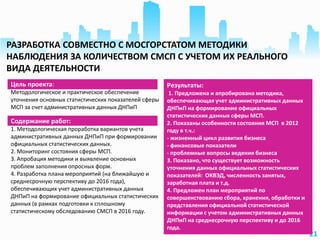 21
Цель проекта:
Методологическое и практическое обеспечение
уточнения основных статистических показателей сферы
МСП за счет административных данных ДНПиП
Результаты:
1. Предложена и апробирована методика,
обеспечивающая учет административных данных
ДНПиП на формирование официальных
статистических данных сферы МСП.
2. Показаны особенности состояния МСП в 2012
году в т.ч.:
- жизненный цикл развития бизнеса
- финансовые показатели
- проблемные вопросы ведения бизнеса
3. Показано, что существует возможность
уточнения данных официальных статистических
показателей: ОКВЭД, численность занятых,
заработная плата и т.д.
4. Предложен план мероприятий по
совершенствованию сбора, хранения, обработки и
представления официальной статистической
информации с учетом административных данных
ДНПиП на среднесрочную перспективу и до 2016
года.
Содержание работ:
1. Методологическая проработка вариантов учета
административных данных ДНПиП при формировании
официальных статистических данных.
2. Мониторинг состояния сферы МСП.
3. Апробация методики и выявление основных
проблем заполнения опросных форм.
4. Разработка плана мероприятий (на ближайшую и
среднесрочную перспективу до 2016 года),
обеспечивающих учет административных данных
ДНПиП на формирование официальных статистических
данных (в рамках подготовки к сплошному
статистическому обследованию СМСП в 2016 году.
РАЗРАБОТКА СОВМЕСТНО С МОСГОРСТАТОМ МЕТОДИКИ
НАБЛЮДЕНИЯ ЗА КОЛИЧЕСТВОМ СМСП С УЧЕТОМ ИХ РЕАЛЬНОГО
ВИДА ДЕЯТЕЛЬНОСТИ
 