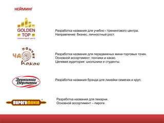 НЕЙМИНГ




          Разработка названия для учебно - тренингового центра.
          Направление: бизнес, личностный рост.




          Разработка названия для передвижных мини-торговых точек.
          Основной ассортимент: пончики и какао.
          Целевая аудитория: школьники и студенты.




          Разработка названия брэнда для линейки семечек и круп.




          Разработка названия для пекарни.
          Основной ассортимент – пироги.
 