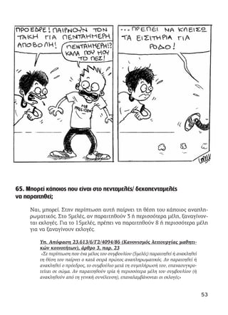 65. Μπορεί κάποιος που είναι στο πενταμελές/ δεκαπενταμελές
να παραιτηθεί;
Ναι, μπορεί. Στην περίπτωση αυτή παίρνει τη θέση του κάποιος αναπλη-
ρωματικός. Στο 5μελές, αν παραιτηθούν 3 ή περισσότερα μέλη, ξαναγίνον-
ται εκλογές. Για το 15μελές, πρέπει να παραιτηθούν 8 ή περισσότερα μέλη
για να ξαναγίνουν εκλογές.
Υπ. Απόφαση 23.613/6/Γ2/4094/86 (Κανονισμός λειτουργίας μαθητι-
κών κοινοτήτων), άρθρο 3, παρ. 23
«Σε περίπτωση που ένα μέλος του συμβουλίου (5μελές) παραιτηθεί ή ανακληθεί
τη θέση του παίρνει ο κατά σειρά πρώτος αναπληρωματικός. Αν παραιτηθεί ή
ανακληθεί ο πρόεδρος, το συμβούλιο μετά τη συμπλήρωσή του, επανασυγκρο-
τείται σε σώμα. Αν παραιτηθούν τρία ή περισσότερα μέλη του συμβουλίου (ή
ανακληθούν από τη γενική συνέλευση), επαναλαμβάνονται οι εκλογές»
53
 