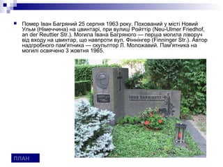    Помер Іван Багряний 25 серпня 1963 року. Похований у місті Новий
    Ульм (Німеччина) на цвинтарі, при вулиці Ройттір (Neu-Ulmer Friedhof,
    an der Reuttier Str.). Могила Івана Багряного — перша могила ліворуч
    від входу на цвинтар, що навпроти вул. Фіннінгер (Finninger Str.). Автор
    надгробного пам'ятника — скульптор Л. Моложавий. Пам'ятника на
    могилі освячено 3 жовтня 1965.




ПЛАН
 