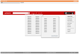 GUI GUIDELINE
분류                                          HEADER




                                                                          Categories   Brands                                       Upload


                                                              Segment              Segment                                          Jaewon Choi
                                                                                                                                    -----------------------
                                                              Segment              Segment      Brand                    Brand      My Manuals
                                                              Segment              Segment      Brand                    Brand      My Products
                                                              Segment              Segment      Brand                    Brand      -----------------------
                                                              Segment              Segment      Brand                    Brand      My Friends
                                                              Segment              Segment      Brand                    Brand      My Title
                                                              Segment              Segment      Brand                    Brand      My Point
                                                              Segment              Segment      Brand                    Brand      -----------------------
                                                              Segment              Segment      Brand                    Brand      Settings
                                                              Segment              Segment      Brand                    Brand      Log out
                                                              Segment              Segment


                                                                                                                   see all brands




Always read the user guide before buying!            www.guidepickr.com                                 MattersGeeks Confidential               Page     4 /000
 