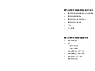 厦门北站综合交通枢纽商业规划与业务
•   厦门北站旅客公共配套商业与物业服务

•   厦门北站国际茶港城

•   厦门北站文化商贸会展中心

•   厦门北站中华美食街

•   广告

•   网上商城




厦门北站综合交通枢纽配套工程
•   总投资约13. 8亿

•   其中

     南北广场9. 8亿

     长途汽车站4亿

•   总用地面积约22. 45万平方米

•   总建筑面积约42. 78万平方米

•   商业面积约5. 23万平方米

•   配套停车位2338个
 