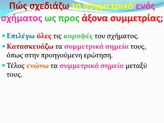 Πώσ ςχεδιάηω το ςυμμετρικό ενόσ
ςχιματοσ ωσ προσ άξονα ςυμμετρίασ;
 Επιλέγω όλεσ τισ κορυφέσ του ςχήματοσ.
 Καταςκευάζω τα ςυμμετρικά ςημεία τουσ,
όπωσ ςτην προηγούμενη ερώτηςη.
 Τέλοσ ενώνω τα ςυμμετρικά ςημεία μεταξύ
τουσ.
 