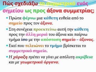 Πώσ ςχεδιάηω το ςυμμετρικό ενόσ
ςθμείου ωσ προσ άξονα ςυμμετρίασ;
 Πρώτα φέρνω μια κάθετη ευθεία από το
ςημείο προσ τον άξονα.
 Στη ςυνέχεια προεκτείνω αυτή την κάθετη
προσ την άλλη μεριά του άξονα και παίρνω
τμήμα ίςο με την απόςταςη ςημείο – άξονασ.
 Εκεί που τελειώνει το τμήμα βρίςκεται το
ςυμμετρικό ςημείο.
 Η χάραξη πρέπει να γίνει με απόλυτη ακρίβεια
και με γεωμετρικά όργανα.
 