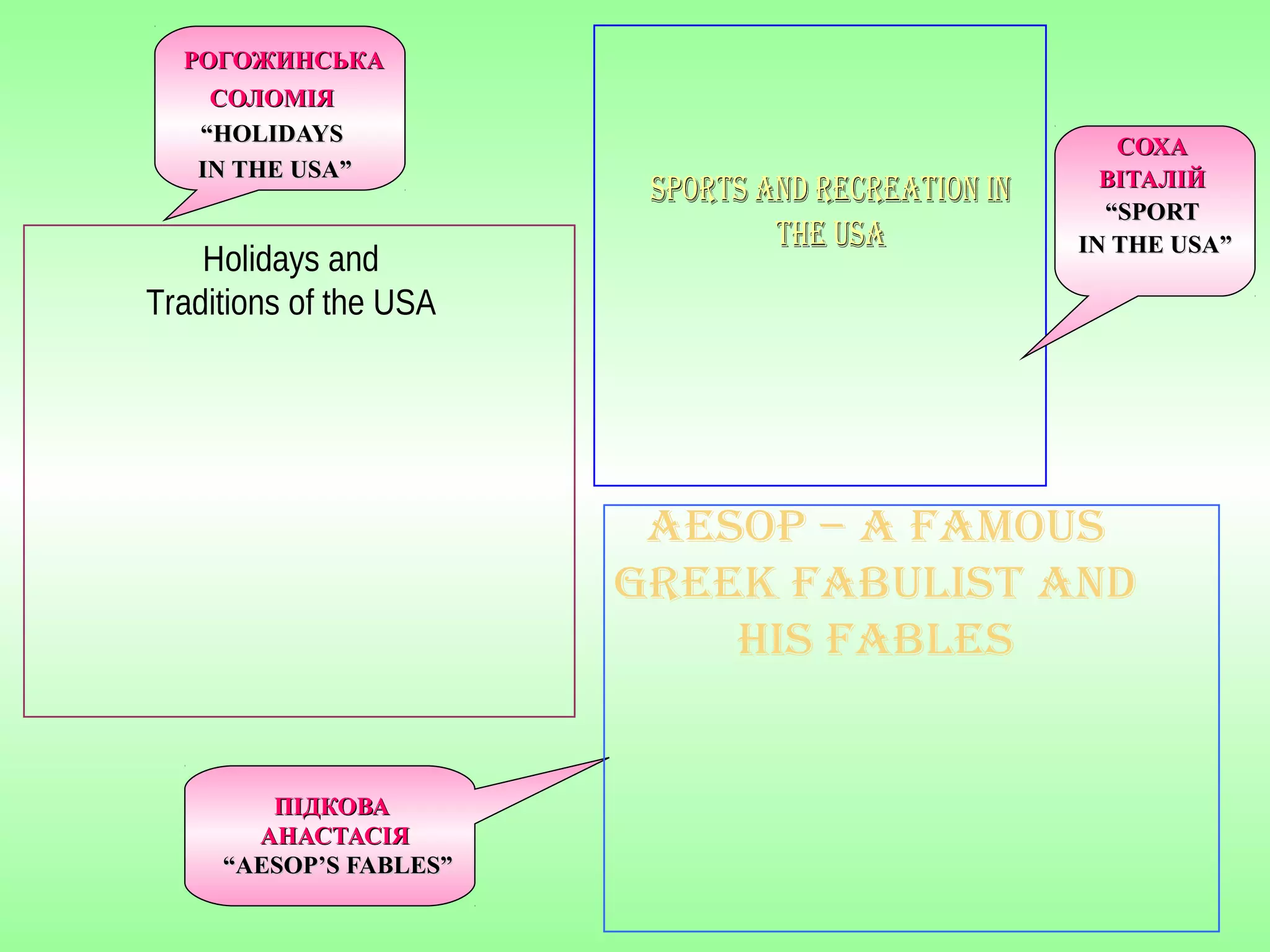 SportS and recreation inSportS and recreation in
the USathe USa
ПІДКОВАПІДКОВА
АНАСТАСІЯАНАСТАСІЯ
“AESOP’S FABLES”“AESOP’S FABLES”
РОГОЖИНСЬКАРОГОЖИНСЬКА
СОЛОМІЯСОЛОМІЯ
““HOLIDAYSHOLIDAYS
IN THE USA”IN THE USA”
aeSop – a FamoUS
Greek FabUliSt and
hiS FableS
Holidays and
Traditions of the USA
СОХАСОХА
ВІТАЛІЙВІТАЛІЙ
““SPORTSPORT
IN THE USA”IN THE USA”
 
