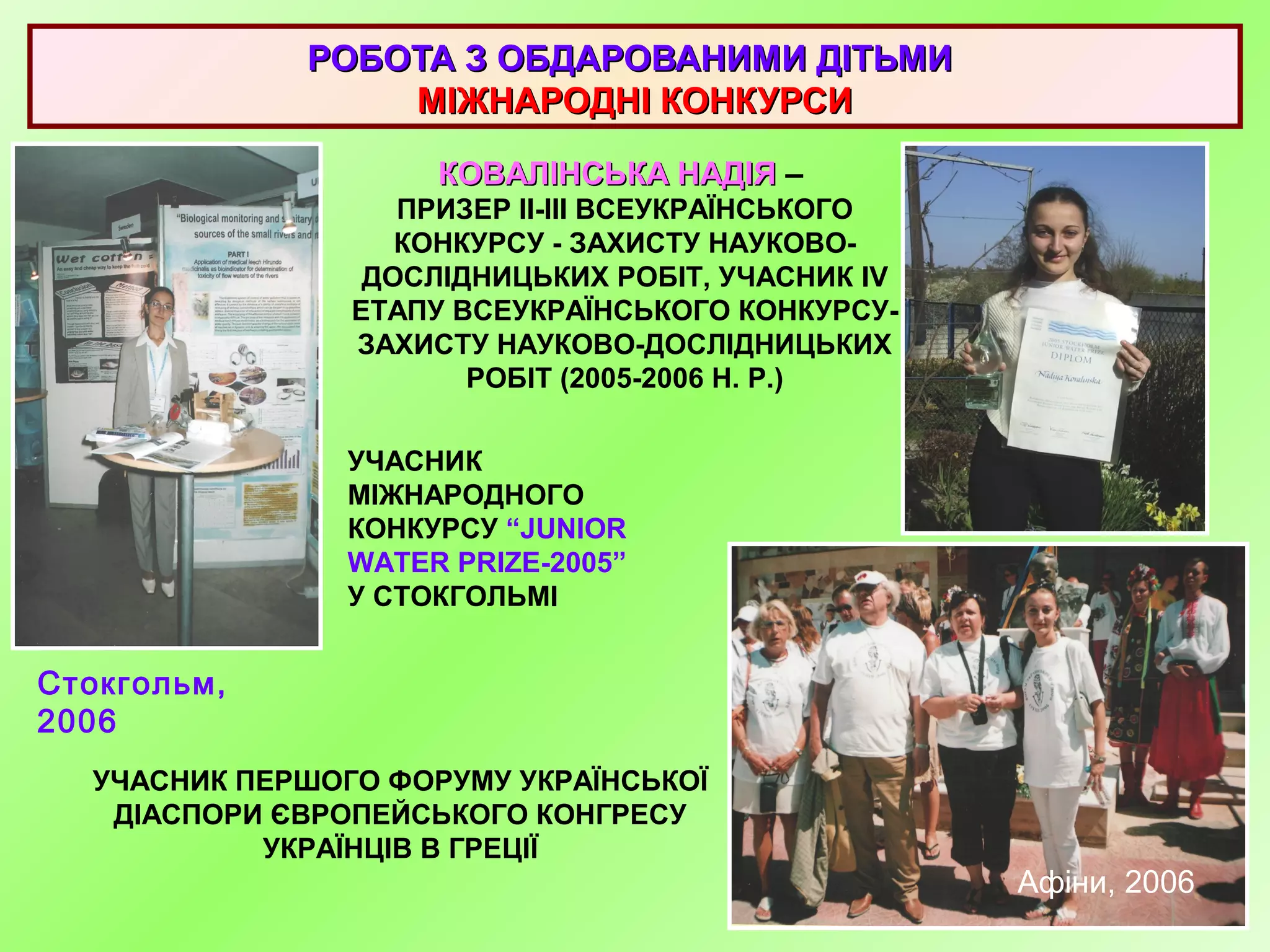 РОБОТА З ОБДАРОВАНИМИ ДІТЬМИРОБОТА З ОБДАРОВАНИМИ ДІТЬМИ
МІЖНАРОДНІ КОНКУРСИМІЖНАРОДНІ КОНКУРСИ
КОВАЛІНСЬКА НАДІЯКОВАЛІНСЬКА НАДІЯ –
ПРИЗЕР ІІ-ІІІ ВСЕУКРАЇНСЬКОГО
КОНКУРСУ - ЗАХИСТУ НАУКОВО-
ДОСЛІДНИЦЬКИХ РОБІТ, УЧАСНИК IV
ЕТАПУ ВСЕУКРАЇНСЬКОГО КОНКУРСУ-
ЗАХИСТУ НАУКОВО-ДОСЛІДНИЦЬКИХ
РОБІТ (2005-2006 Н. Р.)
УЧАСНИК
МІЖНАРОДНОГО
КОНКУРСУ “JUNIOR
WATER PRIZE-2005”
У СТОКГОЛЬМІ
УЧАСНИК ПЕРШОГО ФОРУМУ УКРАЇНСЬКОЇ
ДІАСПОРИ ЄВРОПЕЙСЬКОГО КОНГРЕСУ
УКРАЇНЦІВ В ГРЕЦІЇ
Стокгольм,
2006
Афіни, 2006
 