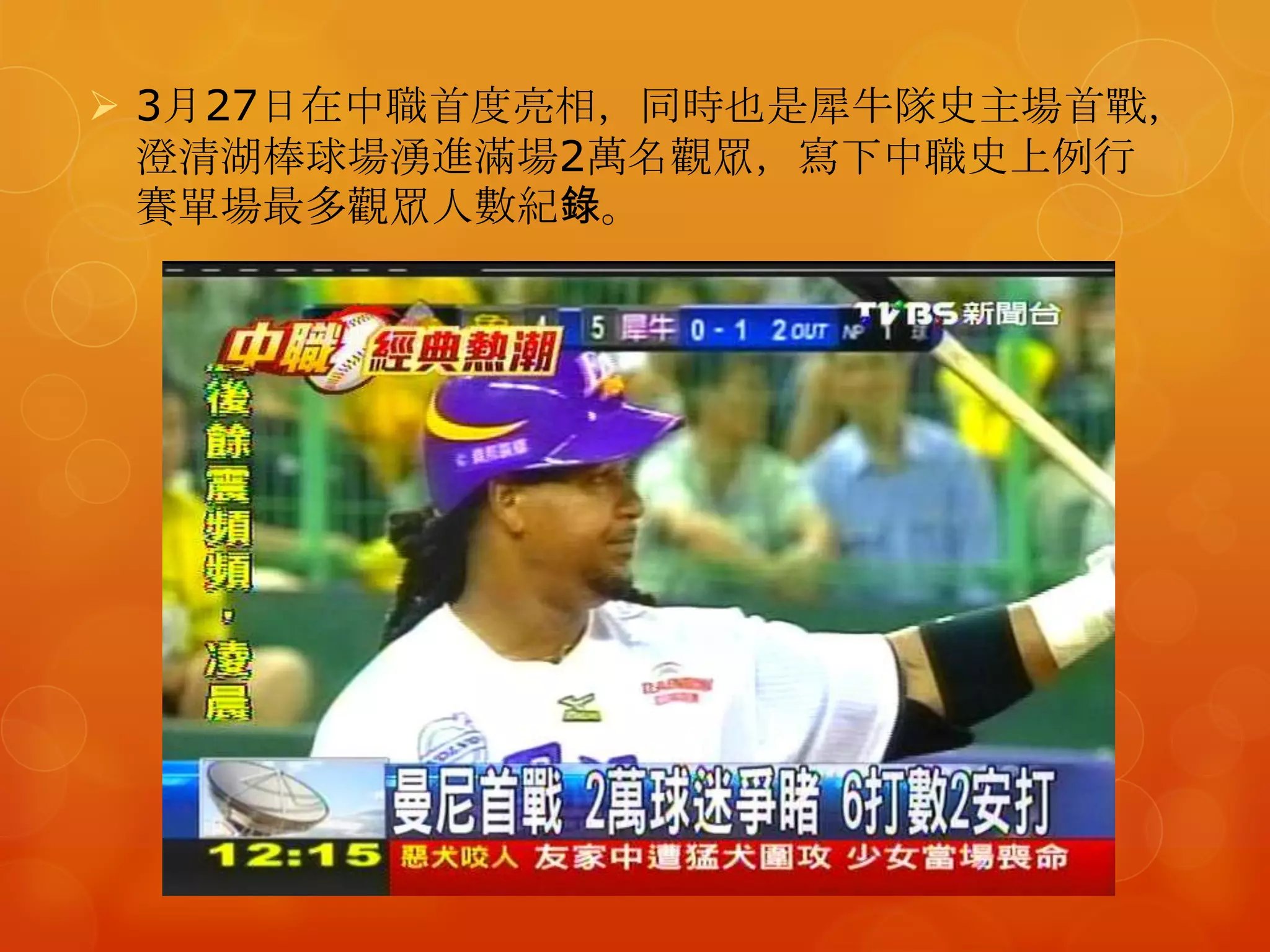  3月27日在中職首度亮相，同時也是犀牛隊史主場首戰，
  澄清湖棒球場湧進滿場2萬名觀眾，寫下中職史上例行
  賽單場最多觀眾人數紀錄。
 