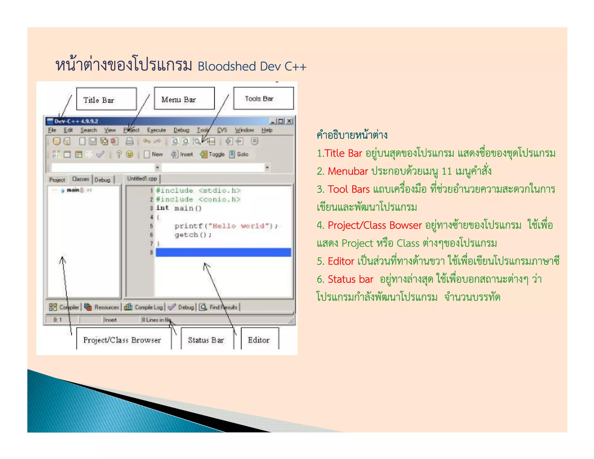 หน้าต่างของโปรแกรม Bloodshed Dev C++

                                       คําอธิบายหน้าต่าง
                                       1.Title Bar อยูบนสุดของโปรแกรม แสดงชือของชุดโปรแกรม
                                                      ่                          ่
                                       2. Menubar ประกอบด้วยเมนู 11 เมนูคาสัง ํ ่
                                       3. Tool Bars แถบเครืองมือ ทีชวยอํานวยความสะดวกในการ
                                                             ่       ่่
                                       เขียนและพัฒนาโปรแกรม
                                       4. Project/Class Bowser อยูทางซ้ายของโปรแกรม ใช้เพือ
                                                                   ่                        ่
                                       แสดง Project หรือ Class ต่างๆของโปรแกรม
                                       5. Editor เป็นส่วนทีทางด้านขวา ใช้เพือเขียนโปรแกรมภาษาซี
                                                           ่                ่
                                       6. Status bar อยูทางล่างสุด ใช้เพือบอกสถานะต่างๆ ว่า
                                                         ่               ่
                                       โปรแกรมกําลังพัฒนาโปรแกรม จํานวนบรรทัด
 