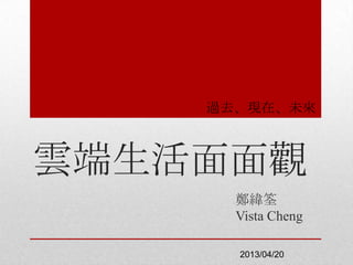 雲端生活面面觀
鄭緯筌
Vista Cheng
過去、現在、未來
2013/04/20
 