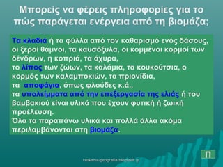 Τα κλαδιά ή τα φύλλα από τον καθαρισμό ενός δάσους,
οι ξεροί θάμνοι, τα καυσόξυλα, οι κομμένοι κορμοί των
δένδρων, η κοπριά, τα άχυρα,
το λίπος των ζώων, τα καλάμια, τα κουκούτσια, ο
κορμός των καλαμποκιών, τα πριονίδια,
τα αποφάγια, όπως φλούδες κ.ά.,
τα υπολείμματα από την επεξεργασία της ελιάς ή του
βαμβακιού είναι υλικά που έχουν φυτική ή ζωική
προέλευση.
Όλα τα παραπάνω υλικά και πολλά άλλα ακόμα
περιλαμβάνονται στη βιομάζα.
Μπορείς να φέρεις πληροφορίες για το
πώς παράγεται ενέργεια από τη βιομάζα;
Πtsokanis-geografia.blogspot.grtsokanis-geografia.blogspot.gr
 