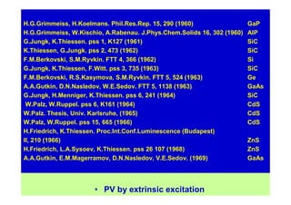 • PV by extrinsic excitation
H.G.Grimmeiss, H.Koelmans. Phil.Res.Rep. 15, 290 (1960) GaP
H.G.Grimmeiss, W.Kischio, A.Rabenau. J.Phys.Chem.Solids 16, 302 (1960) AlP
G.Jungk, K.Thiessen. pss 1, K127 (1961) SiC
K.Thiessen, G.Jungk. pss 2, 473 (1962) SiC
F.M.Berkovski, S.M.Ryvkin. FTT 4, 366 (1962) Si
G.Jungk, K.Thiessen, F.Witt. pss 3, 735 (1963) SiC
F.M.Berkovski, R.S.Kasymova, S.M.Ryvkin. FTT 5, 524 (1963) Ge
A.A.Gutkin, D.N.Nasledov, W.E.Sedov. FTT 5, 1138 (1963) GaAs
G.Jungk, H.Menniger, K.Thiessen. pss 6, 241 (1964) SiC
W.Palz, W.Ruppel. pss 6, K161 (1964) CdS
W.Palz. Thesis, Univ. Karlsruhe, (1965) CdS
W.Palz, W.Ruppel. pss 15, 665 (1966) CdS
H.Friedrich, K.Thiessen. Proc.Int.Conf.Luminescence (Budapest)
II, 210 (1966) ZnS
H.Friedrich, L.A.Sysoev, K.Thiessen. pss 26 107 (1968) ZnS
A.A.Gutkin, E.M.Magerramov, D.N.Nasledov, V.E.Sedov. (1969) GaAs
 