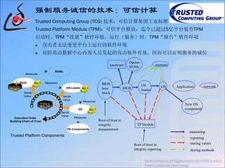 强制服务诚信的技术：可信计算
Trusted Computing Group (TCG) 技术：可信计算集团工业标准
Trusted Platform Module (TPM)：可信平台模块，迄今已超过5亿平台装有TPM
启动时，TPM“度量”软件环境，运行（服务）时，TPM“报告”软件环境
 攻击者无法变更平台上运行的软件环境
 对防范由数据中心内部人员发起的攻击格外有效，因而可以证明服务的诚信
Daoli Company All Rights Reserved ©2011-2012
Patent protected technology
TP Module
hardware
BIOS
boot
block
BIOS
OS
loader
OS Application network
New OS
component
memory
Option
ROMs
measuring
reporting
storing values
storing methods
Root of trust in
integrity
measurement
Root of trust in
integrity reporting
BIOS
Measures
ROMs
Measures
Measures
Measures
Sends
Value Sends
Value
Sends
Value
Trusted Platform Components
OS Loader
OS
Other Software
Components
Other Software
ComponentsOS Components
Other Software
ComponentsComponentsOS Components
Execution Order
Building Chain of Trust
 