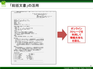 Copyright © Mediva Inc. All Rights Reserved.
医療法人社団プラタナス 松 原 ア ー バ ン ク リ ニ ッ ク
2013年○月×日作成
診 療 情 報 提 供 書（サマリー）
156-0043 東京都世田谷区松原5-34-6
電話 /ＦＡＸ
医療法人社団プラタナス 松原アーバンクリニック
担当医 施設在宅医療部 ○○ ××
______________________________________________________________________________
患者氏名: ○○ ×× （○○ ××) 様
患者生年月日: 昭和○年○月×日生、 ○×才
患者住所: ○○××
施設名: ○○
施設住所: ○○××
施設電話番号/ＦＡＸ：○○− ××/○○− ××
_______________________________________________________________________________
既往歴・家族歴・感染症・アレルギー情報など:
血液型：不詳
感染症：B (-) C(-) ワ氏 (-) MRSA 不詳 TB 不詳
介護度 不詳、ADL 不詳、認知度 認知なし
アレルギー歴： 不詳
既往歴：
2012年○月×日 食欲不振、背部痛にて〇×病院受診。
胸部CTにて右肺内、肺門部に腫瘍指摘。胸椎転移を認めた。
2012年○月×日 胸椎転移へ放射線治療実施。（計30Gy、～1/10）
同日、当院初診となった。
傷病名：
右肺癌、転移性骨腫瘍、癌性疼痛、てんかん、高血圧
_______________________________________________________________________________
現在の状態：
・〇×病院MSWの〇×様からのご紹介にて。右肺癌胸椎骨転移、（stage Ⅳ）放射線治療
施行中（計30Gy）のお方である。胸部CTの画像診断のみで、病理細胞検査の確定診断
には至っていない。
・保証人はご長女様。娘様は病名告知あり、余命半年前後、とご了承をいただいてい
る。ご本人は病名についてはある程度のご理解であり、余命は知らされていない。
・ ご本人様及びご家族様が、現病状下でホームのご生活を続けたい、との要望あり、
癌終末期の在宅緩和診療と疼痛治療のため、今回の在宅訪問診療導入の経緯とな
られた。
問題点：
・24時間対応訪問看護ステーションの導入前までは、〇×病院呼吸器内科を主の診療先
として当院は補助の役割を担い、救急を要する際は〇×病院受診にてご対応いただく
方針とした。また、24時間看護師対応のホームへ移られることも検討中である。
救急搬送先：ご家族相談（ホーム経由）。急変救急時は、関東中央病院搬送にて。
DNR：基本的に、急変時DNRの方針（要ご家族相談）。
________________________________________________________________________________
現在の処方内容:
1) ビオフェルミン配合錠 3 錠 毎食後 3 x
2) アムロジピン錠5mg 1 錠 朝食後 1 x
3) テグレトール錠200mg 1 錠 朝食後 1 x
4) ロキソニン錠60mg 3 錠 毎食後 3 x
5) タケプロンOD錠15mg 2 錠 朝夕食後 2 x
6) ガスモチン錠5mg 2 錠 朝夕食後 2 x
7) エンシュアリキッド250ml 3 P 毎食後 3 x
________________________________________________________________________________
その他：
_______________________________________________________________________________
オンライン
ストレージを
利用して
情報共有化
を図る。
「総括文書」の活用
9
 