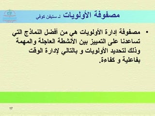 ‫الولويات‬ ‫مصفوافة‬‫كوافي‬ ‫ستيفن‬ ‫لـ‬
•‫التي‬ ‫النماذج‬ ‫أافضل‬ ‫من‬ ‫هي‬ ‫الولويات‬ ‫إادار.ة‬ ‫مصفوافة‬
‫والمهمة‬ ‫العاجلة‬ ‫النشطة‬ ‫بين‬ ‫التمييز‬ ‫على‬ ‫تساعدنا‬
‫الوقت‬ ‫لادار.ة‬ ‫بالتالي‬ ‫و‬ ‫الولويات‬ ‫لتحديد‬ ‫وذلك‬
.‫كفاء.ة‬ ‫و‬ ‫بفاعلية‬
17
 