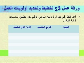 •‫أساسيات‬ ‫تطبيق‬ ‫مدى‬ ‫لواقيم‬ ،‫اليومي‬ ‫الرلوتين‬ ‫تجدلول‬ ‫في‬ ‫النظر‬ ‫أعد‬
.‫الواقت‬ ‫إدارة‬
‫تستحقه‬ ‫الذي‬ ‫الزمن‬ ‫المناسب‬ ‫المربع‬ ‫المهمة‬
 