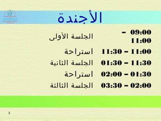 3
‫الجندة‬
‫الولى‬ ‫الجلسة‬
09:00–
11:00
‫استراحة‬ 11:00–11:30
‫الثانية‬ ‫الجلسة‬ 11:30–01:30
‫استراحة‬ 01:30–02:00
‫الثالثة‬ ‫الجلسة‬ 02:00–03:30
 