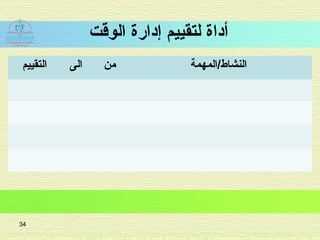 ‫الوقت‬ ‫إدارة‬ ‫لتقييم‬ ‫أداة‬
‫التقييم‬ ‫الى‬ ‫من‬ ‫النشاط/المهمة‬
34
 