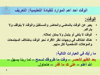 :‫الوقت‬
•‫ول‬ ‫يتوقف‬ ‫ل‬ ‫والوقت‬ ‫والمستقبل‬ ‫والحاضر‬ ‫بالماضي‬ ‫الوقت‬ ‫عن‬ ‫يعبر‬
.‫يتراكم‬
•.‫إحلله‬ ‫يمكن‬ ‫ول‬ ‫يتبد ل‬ ‫أو‬ ‫يلغي‬ ‫ل‬ ‫الوقت‬
•‫المجتمعات‬ ‫باختلف‬ ‫الوقت‬ ‫نحو‬ ‫الفرااد‬ ‫نظر‬ ‫وجهات‬ ‫في‬ ‫اختلف‬ ‫هناك‬
.‫منهم‬ ‫لكل‬ ‫الشخصية‬ ‫والمؤهلت‬
:‫التالية‬ ‫العبارات‬ ‫في‬ ‫رأيك‬ ‫ما‬
‫الظهر/العصر‬ ‫بعد‬– ‫تسمح‬ ‫ظروفك‬ ‫ما‬ ‫وقت‬ –‫يسهل‬ ‫ربنا‬ ‫لما‬–
– ‫أعلم‬ ‫ال‬‫أقدر‬ ‫ما‬ ‫كد‬ ‫على‬–.‫هاحاو ل‬
6
 