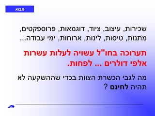 ‫שכירות‬,‫עיצוב‬,‫ציוד‬,‫דוגמאות‬,‫פרוספקטים‬,
‫מתנות‬,‫טיסות‬,‫לינות‬,‫ארוחות‬,‫עבודה‬ ‫ימי‬...
‫בחו‬ ‫תערוכה‬"‫עשרות‬ ‫לעלות‬ ‫עשויה‬ ‫ל‬
‫דולרים‬ ‫אלפי‬...‫לפחות‬.
‫לא‬ ‫שההשקעה‬ ‫בכדי‬ ‫הצוות‬ ‫הכשרת‬ ‫לגבי‬ ‫מה‬
‫תהיה‬‫לחינם‬?
‫מבוא‬
 