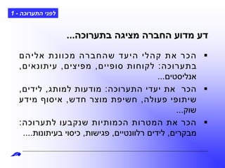 ‫התערוכה‬ ‫לפני‬-1
‫ם‬‫ה‬‫אלי‬ ‫ת‬‫מכוונ‬ ‫ה‬‫ר‬‫החב‬‫ש‬ ‫עד‬‫הי‬ ‫לי‬‫קה‬ ‫ת‬‫א‬ ‫ר‬‫הכ‬
‫בתערוכה‬:‫סופיים‬ ‫לקוחות‬,‫מפיצים‬,‫עיתונאים‬,
‫אנליסטים‬...
‫התערוכה‬ ‫יעדי‬ ‫את‬ ‫הכר‬:‫למותג‬ ‫מודעות‬,‫לידים‬,
‫פעולה‬ ‫שיתופי‬,‫חדש‬ ‫מוצר‬ ‫חשיפת‬,‫מידע‬ ‫איסוף‬
‫שוק‬...
‫לתערוכה‬ ‫שנקבעו‬ ‫הכמותיות‬ ‫המטרות‬ ‫את‬ ‫הכר‬:
‫מבקרים‬,‫רלוונטיים‬ ‫לידים‬,‫פגישות‬,‫בעיתונות‬ ‫כיסוי‬....
‫בתערוכה‬ ‫מציגה‬ ‫החברה‬ ‫מדוע‬ ‫דע‬...
 