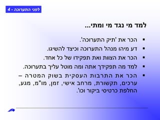 ‫את‬ ‫הכר‬'‫התערוכה‬ ‫תיק‬'.
‫להשיגו‬ ‫וכיצד‬ ‫התערוכה‬ ‫מנהל‬ ‫מיהו‬ ‫דע‬.
‫אחד‬ ‫כל‬ ‫של‬ ‫תפקידו‬ ‫ואת‬ ‫הצוות‬ ‫את‬ ‫הכר‬.
‫בתערוכה‬ ‫עליך‬ ‫מוטל‬ ‫ומה‬ ‫אתה‬ ‫תפקידך‬ ‫מה‬ ‫למד‬.
‫המטרה‬ ‫בשוק‬ ‫העסקית‬ ‫התרבות‬ ‫את‬ ‫הכר‬–
‫ערכים‬,‫תקשורת‬,‫אישי‬ ‫מרחב‬,‫זמן‬,‫מו‬"‫מ‬,‫מגע‬,
‫וכו‬ ‫ביקור‬ ‫כרטיסי‬ ‫החלפת‬'.
‫התערוכה‬ ‫לפני‬-4
‫ומתי‬ ‫מי‬ ‫נגד‬ ‫מי‬ ‫למד‬...
 