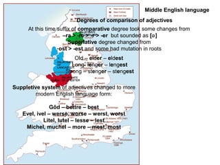 Middle English language
Degrees of comparison of adjectives
At this time suffix of comparative degree took some changes from
–ra > -re > -r > -er but sounded as [ ]ǝ
Superlative degree changed from
-ost > -est and some had mutation in roots
Old – elder – eldest
Long- lenger – lengest
Strong – stenger – stengest
Suppletive system of adjectives changed to more
modern English language form:
Gōd – bettre – best
Evel, ivel – werse, worse – werst, worst
Litel, lutel – lesse – lest
Michel, muchel – more – mest, most
 