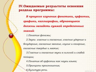 IV.Ожидаемые результаты освоения
раздела программы:
    В процессе изучения фонетики, орфоэпии,
  графики, каллиграфии, обучающиеся
  должны овладеть суммой определенных
  знаний:
    1.Понятия фонемы;
    2.Звуки гласные и согласные, гласные ударные и
  безударные, согласные звонкие, глухие и сонорные,
  согласные твердые и мягкие;
    3.Гласные и согласные звуки в сильной и слабой
  позиции;
    4.Понятия об орфоэпии как науки языка;
    5.Принципы произношения;
    6.Культура речи.
 