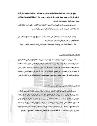 ‫ﺛﻼث‬ ‫ﻋﻠﻰ‬ ‫وﺗﺷﺗﻣل‬ ،‫واﻟﺷﻣﺎل‬ ‫اﻟﺷرق‬ ‫ﺟﮭﺔ‬ ‫ﻣن‬ ‫اﻟداﺧﻠﻲ‬ ‫ﺑﺎﻟﻔﻧﺎء‬ ‫ﻣﺣﯾطﺔ‬ ‫ﻗﺎﺋﻣﺔ‬ ‫زاوﯾﺔ‬ ‫ﺷﻛل‬ ‫ﻋﻠﻰ‬ ‫وﯾﻘﻊ‬
‫رﻓﺔ‬‫وﻏ‬ ‫ﺧﺎص‬ ‫ﺑﺣﻣﺎم‬ ‫رﺋﯾﺳﯾﺔ‬ ‫ﻧوم‬ ‫ﻏرﻓﺔ‬ ،‫ﻏرف‬‫إﻟﻰ‬ ‫ﺑﺎﻹﺿﺎﻓﺔ‬ ،‫ﻟﻠﺑﻧﺎت‬ ‫وﺛﺎﻟﺛﺔ‬ ،‫ﻟﻸوﻻد‬ ‫وأﺧرى‬ ،‫ﻣﻼﺑس‬
‫اﻟﻐرف‬ ‫ھذه‬ ‫ﯾﺗوﺳط‬ ‫ﻟﻠﻣﻧزل‬ ‫رﺋﯾﺳﻲ‬ ‫ﺣﻣﺎم‬.
‫اﻟﻔﻧﺎء‬ ‫ﻼل‬‫ﺧ‬ ‫ﻣن‬ ‫واﻟﺗﮭوﯾﺔ‬ ‫اﻹﺿﺎءة‬ ‫ﻣن‬ ‫اﻻﺳﺗﻔﺎدة‬ ‫إﻣﻛﺎﻧﯾﺔ‬ ً ‫ﺿﺎ‬‫أﯾ‬ ‫اﻟﻧوم‬ ‫ﻏرف‬ ‫ﺟﻣﯾﻊ‬ ‫ﻓﻲ‬ ‫روﻋﻲ‬ ‫وﻗد‬.
‫اﻟﻣﻧزل‬ ‫رﻛن‬ ‫ﺻﻰ‬‫أﻗ‬ ‫ﻓﻲ‬ ‫زاﺋدة‬ ‫ﺑﺧﺻوﺻﯾﺔ‬ ‫ﻓﺗﺗﻣﯾز‬ ‫اﻟرﺋﯾﺳﯾﺔ‬ ‫اﻟﻧوم‬ ‫ﻏرﻓﺔ‬ ‫أﻣﺎ‬.
‫ا‬ ‫ﻧوم‬ ‫ﻏرﻓﺔ‬ ‫وﺗﺗﻣﯾز‬‫ﻰ‬ ‫إﻟ‬ ‫ر‬ ‫واﻟﻧظ‬ ‫ﺗﻣﺗﺎع‬‫اﻻﺳ‬ ‫ن‬‫ﻟﮭ‬ ‫ﯾﺗﯾﺢ‬ ‫ﻣﻣﺎ‬ ‫ﻣﺑﺎﺷرة‬ ‫اﻟﻔﻧﺎء‬ ‫ﻋﻠﻰ‬ ‫طل‬‫ﺗ‬ ‫ﺑﺄﻧﮭﺎ‬ ‫ﻟﺑﻧﺎت‬
‫اﻟﻐرﺑﺎء‬ ‫أﻋﯾن‬ ‫ﻣن‬ ‫ﻣﺄﻣن‬ ‫وﻓﻲ‬ ‫ﺧدرھن‬ ‫ﻓﻲ‬ ‫وھن‬ ‫اﻟطﺑﯾﻌﺔ‬.
‫ﺳﺎﺑﻘﺎ‬ ‫اﻟﻣذﻛورة‬ ‫ﺻﻣﯾم‬‫اﻟﺗ‬ ‫أﺳس‬ ‫ﻋﻠﻰ‬ ‫واﻟﻣﺑﻧﯾﺔ‬ ‫اﻟﺗﺻﻣﯾﻣﯾﺔ‬ ‫اﻟﻔﻛرة‬ ‫ﺗﺷرح‬ ‫اﻟﺛﻼﺛﺔ‬ ‫اﻷﺟﻧﺣﺔ‬ ‫ھذه‬.
‫اﻟﻣﻧزل‬ ‫ﻟواﺟﮭﺎت‬ ‫ﻋﺎم‬ ‫وﺻف‬:
‫ا‬ ‫واﺟﮭﺎت‬ ‫ﯾﺻﻣم‬ ‫أن‬ ‫اﻟﺑﺎﺣث‬ ‫ﺣﺎول‬ ‫ﻟﻘد‬‫واﻟﮭدوء‬ ‫ﺑﺎﻟﺑﺳﺎطﺔ‬ ‫ﺗﺗﻣﯾز‬ ‫ﺑﺣﯾث‬ ‫ﻟﻣﻧزل‬.‫ﺑﺎﻟﻠون‬ ‫ﻣطﻠﯾﺔ‬ ‫ﻓﮭﻲ‬
‫ون‬‫اﻟﻠ‬ ‫ﻲ‬‫ﺻﺎﺻ‬‫اﻟر‬ ‫ﺎم‬ ‫اﻟرﺧ‬ ‫ن‬‫ﻣ‬ ‫ﻧﺗﯾﻣﺗرا‬‫ﺳ‬ ‫وﻋﺷرﯾن‬ ‫ﻣﺗر‬ ‫ﺑﺎرﺗﻔﺎع‬ ‫ﺳﻔل‬ ‫وﻟﮭﺎ‬ ‫اﻷﺑﯾض‬.‫ﺔ‬‫أھﻣﯾ‬ ‫دت‬‫وأﻛ‬
‫ﻟﮭﺎ‬ ‫ﻣﻧﺎﺳب‬ ‫ﺗﺟوﯾف‬ ‫ﺑﻌﻣل‬ ‫اﻟﻣداﺧل‬.‫اﻟﺑﻧﻲ‬ ‫اﻟﺣدﯾدي‬ ‫واﻟﺷﺑك‬ ،‫اﻟرﺻﺎﺻﻲ‬ ‫اﻟﻠون‬ ‫ذات‬ ‫اﻟﻧواﻓذ‬ ‫ﺑرزت‬ ‫ﻛﻣﺎ‬
‫ﻣ‬ ‫ﺗﺻﺑﺢ‬ ‫ﻟﻛﻲ‬ ،‫اﻟﻌﺷﺎري‬ ‫اﻟزﺧرﻓﻲ‬ ‫اﻟﻧﻣط‬ ‫ذو‬‫وﻣﺗﻼﺋﻣﺔ‬ ،‫اﻟﻣﺑﻧﻰ‬ ‫واﺟﮭﺔ‬ ‫ﻓﻲ‬ ‫اﻟرﺋﯾﺳﻲ‬ ‫اﻟروﺷﺎن‬ ‫ﻣﻊ‬ ‫ﺗﻧﺎﺳﻘﺔ‬
‫اﻟﺳور‬ ‫ﻓﻲ‬ ‫اﻟﻛﺑﯾر‬ ‫اﻟﺗﻔرﯾﻎ‬ ‫ﻣﻊ‬.‫اﻟرأﺳﻲ‬ ‫ﺑﺎﻻﻣﺗداد‬ ‫ﺗوﺣﻲ‬ ‫دﯾﻧﺎﻣﯾﻛﯾﺔ‬ ‫ﺗﻛﺳﯾرات‬ ‫ﺑوﺟود‬ ‫اﻟﺳﻣﺎء‬ ‫ﺧط‬ ‫وﺗﻣﯾز‬.
‫اﻟﺗﺻﻣﯾم‬ ‫ﺑﺄﺳس‬ ‫وارﺗﺑﺎطﮭﺎ‬ ‫ﻟﻠﻣﺑﻧﻰ‬ ‫اﻟﻣﺧﺗﻠﻔﺔ‬ ‫اﻟﻌﻧﺎﺻر‬:
‫اﻟﻔ‬ ‫وﯾﻌﻛس‬ ‫ﯾﺣﻘق‬ ‫ﺑﻣﺎ‬ ‫ﺻﻣﻣت‬ ‫ﻟﻠﻣﺑﻧﻰ‬ ‫واﻟﺛﺎﻧوﯾﺔ‬ ‫اﻟرﺋﯾﺳﯾﺔ‬ ‫اﻟﻌﻧﺎﺻر‬ ‫ﺟﻣﯾﻊ‬‫اﻟﻣذﻛورة‬ ‫اﻟﺗﺻﻣﯾﻣﯾﺔ‬ ‫ﻠﺳﻔﺔ‬
‫واﻷداء‬ ‫اﻟﺷﻛل‬ ‫ﻓﻲ‬ ‫أو‬ ‫اﻟوظﯾﻔﺔ‬ ‫ﻓﻲ‬ ‫اﻟﺟﯾد‬ ‫واﻷداء‬ ‫اﻟﺷﻛل‬ ‫ﻓﻲ‬ ‫اﻟﺟﻣﺎل‬ ‫ﺑﯾن‬ ‫ﺗﺟﻣﻊ‬ ‫وظﯾﻔﯾﺔ‬ ‫رﯾﻘﺔ‬‫وﺑط‬ ،‫ﺳﺎﺑﻘﺎ‬
‫اﻟﻌﻧﺻر‬ ‫ﻟﮭذا‬ ‫اﻟﻣﺧﺗﻠﻔﺔ‬ ‫اﻟوظﺎﺋف‬ ‫أو‬ ‫اﻟوظﯾﻔﺔ‬ ‫ﻓﻲ‬ ‫اﻟﺟﯾد‬.‫ﻓﻲ‬ ‫اﻟﺟﻣﺎل‬ ‫أﺑدع‬ ‫ﻗد‬ ‫ﺗﻌﺎﻟﻰ‬ ‫ﷲ‬‫أن‬ ‫ﺟﻣﯾﻌﺎ‬ ‫ﻧﻌﻠم‬ ‫ﻧﺣن‬
‫ﺗﻌﺎﻟﻰ‬ ‫ﻗﺎل‬ ‫ﻛﻣﺎ‬ ‫اﻟﻛون‬ ‫ھذا‬)‫واﻟ‬ ‫واﻟﺑﻐﺎل‬ ‫واﻟﺧﯾل‬‫وزﯾﻧﺔ‬ ‫ﻟﺗرﻛﺑوھﺎ‬ ‫ﺣﻣﯾر‬(‫أﺧرى‬ ‫آﯾﺔ‬ ‫وﻓﻲ‬)‫اﻟﺳﻣﺎء‬ ‫زﯾﻧﺎ‬ ‫وﻟﻘد‬
‫اﻟﺳﻌﯾر‬ ‫ﻋذاب‬ ‫ﻟﮭم‬ ‫واﻋﺗدﻧﺎ‬ ‫ﻟﻠﺷﯾﺎطﯾن‬ ‫رﺟوﻣﺎ‬ ‫وﺟﻌﻠﻧﺎھﺎ‬ ‫ﺑﻣﺻﺎﺑﯾﺢ‬ ‫اﻟدﻧﯾﺎ‬(‫ﺑﻘوﻟﮫ‬ ‫ﺻود‬‫اﻟﻣﻘ‬ ‫اﻟﺟﻣﺎل‬ ‫ﻓﮭﻧﺎك‬
‫ﻰ‬‫ﻟ‬‫ﺎ‬‫ﻌ‬‫ﺗ‬)‫وزﯾﻧﺔ‬) (‫زﯾﻧﺎ‬(‫ﺗﻌﺎﻟﻰ‬ ‫ﺑﻘوﻟﮫ‬ ‫ﻣﻘﺻودة‬ ‫اﻟوظﯾﻔﺔ‬ ‫أن‬ ‫ﻛﻣﺎ‬)‫ﻟﺗرﻛﺑوھﺎ‬–‫ﺑﻣﺻﺎﺑﯾﺢ‬–‫رﺟوﻣﺎ‬.(
 