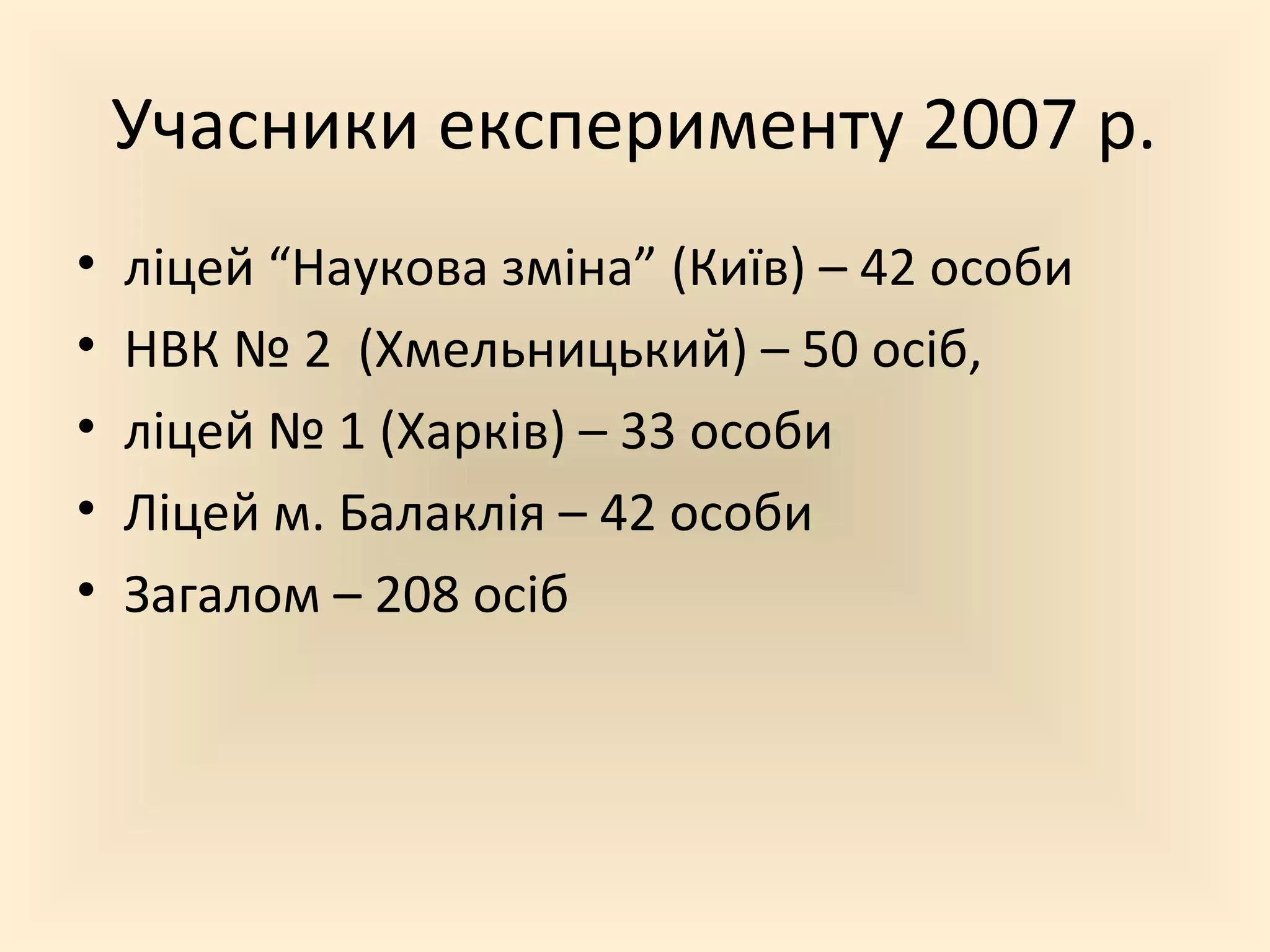 Учасники експерименту 2007 р.
• ліцей “Наукова зміна” (Київ) – 42 особи
• НВК № 2 (Хмельницький) – 50 осіб,
• ліцей № 1 (Харків) – 33 особи
• Ліцей м. Балаклія – 42 особи
• Загалом – 208 осіб
 