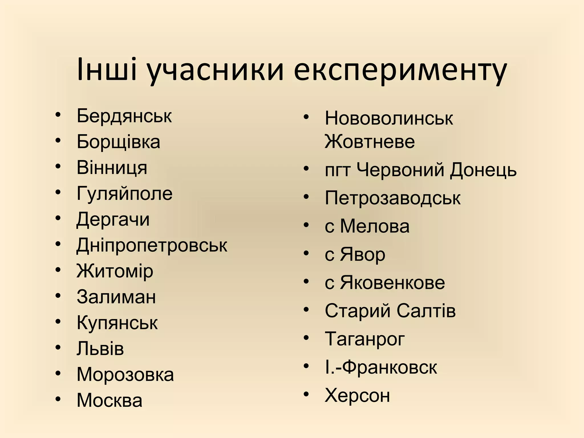 Інші учасники експерименту
• Бердянськ
• Борщівка
• Вінниця
• Гуляйполе
• Дергачи
• Дніпропетровськ
• Житомір
• Залиман
• Купянськ
• Львів
• Морозовка
• Москва
• Нововолинськ
Жовтневе
• пгт Червоний Донець
• Петрозаводськ
• с Мелова
• с Явор
• с Яковенкове
• Старий Салтів
• Таганрог
• І.-Франковск
• Херсон
 