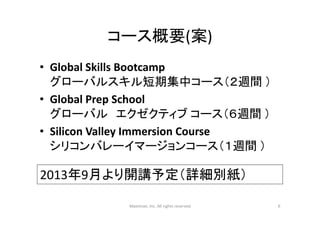 コース概要(案)
• Global Skills Bootcamp
グローバルスキル短期集中コース（２週間 ）
• Global Prep School
グローバル エクゼクティブ コース（６週間 ）
• Silicon Valley Immersion Course
シリコンバレーイマージョンコース（１週間 ）
Maximize, Inc. All rights reserved 6
2013年9月より開講予定（詳細別紙）
 