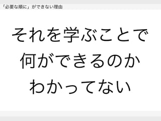  
「必要な順に」ができない理由
 
 
それを学ぶことで
何ができるのか
わかってない
 