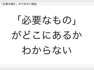  
「必要な順に」ができない理由
 
 
「必要なもの」
がどこにあるか
わからない
 