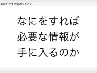  
あなたがまず学ぶべきこと
 
 
なにをすれば
必要な情報が
手に入るのか
 