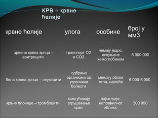 КРВ – крвне
ћелије
крвне ћелије улога особине
број у
мм3
црвена крвна зрнца –
еритроцити
транспорт О2
и СО2
немају једро,
испуњене
хемоглобином
5 000 000
бела крвна зрнца – леукоцити
одбрана
организма од
узрочника
болести
мењају облик
тела, највеће
6 000-8 000
крвне плочице – тромбоцити
омогућавају
згрушавање
крви
најситније,
неправилног
облика
300 000
 