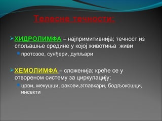 Телесне течности:
ХИДРОЛИМФА – најпримитивнија; течност из
спољашње средине у којој животиња живи
протозое, сунђери, дупљари
ХЕМОЛИМФА – сложенија; креће се у
отвореном систему за циркулацију;
црви, мекушци, ракови,зглавкари, бодљокошци,
инсекти
 