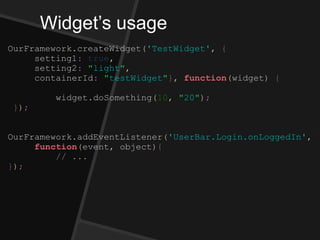 Widget’s usage
OurFramework.createWidget('TestWidget', {
setting1: true,
setting2: "light",
containerId: "testWidget"}, function(widget) {
widget.doSomething(10, "20");
});
OurFramework.addEventListener('UserBar.Login.onLoggedIn',
function(event, object){
// ...
});
 