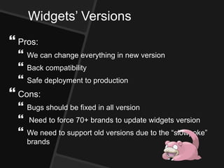 Widgets’ Versions
 Pros:
 We can change everything in new version
 Back compatibility
 Safe deployment to production
 Cons:
 Bugs should be fixed in all version
 Need to force 70+ brands to update widgets version
 We need to support old versions due to the “slowpoke”
brands
 