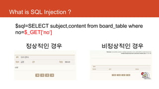 What is SQL Injection ?
$sql=SELECT subject,content from board_table where
no=$_GET[‘no‘]
정상적인 경우 비정상적인 경우
 